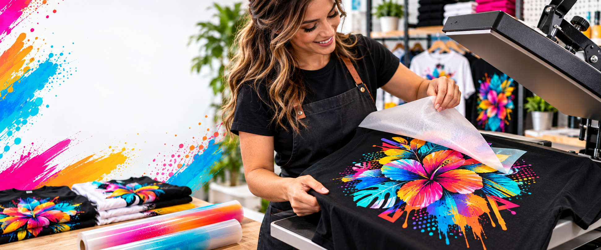 Fresh colorful DTF transfer being peeled from a shirt