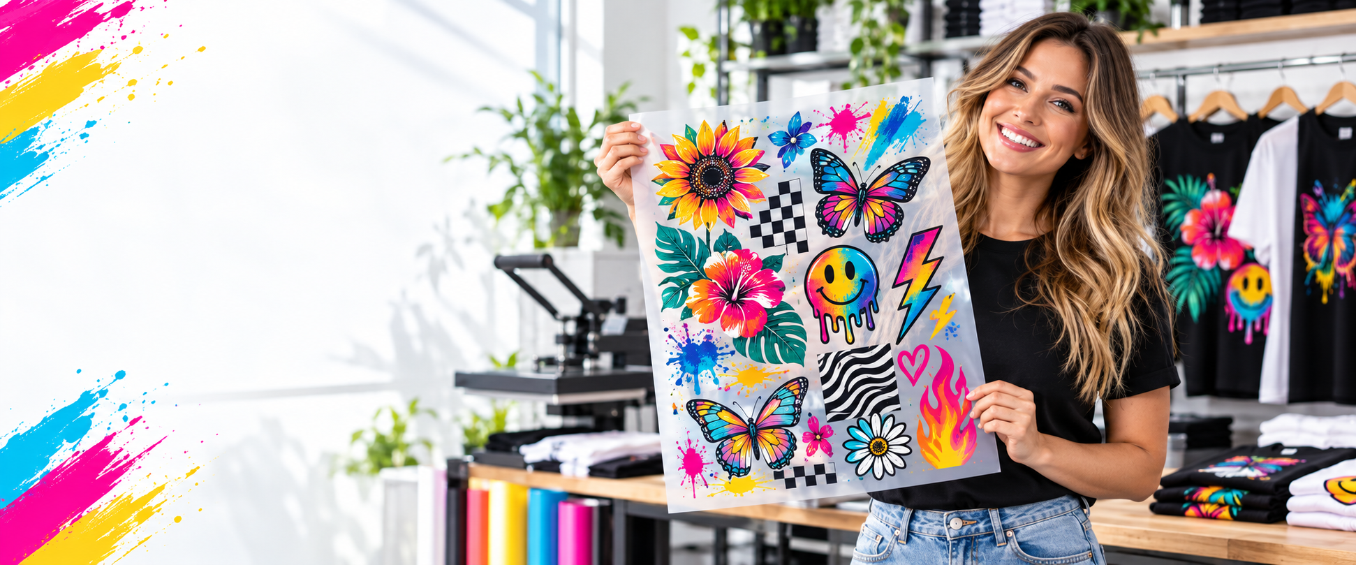 Creator holding a colorful custom DTF gang sheet