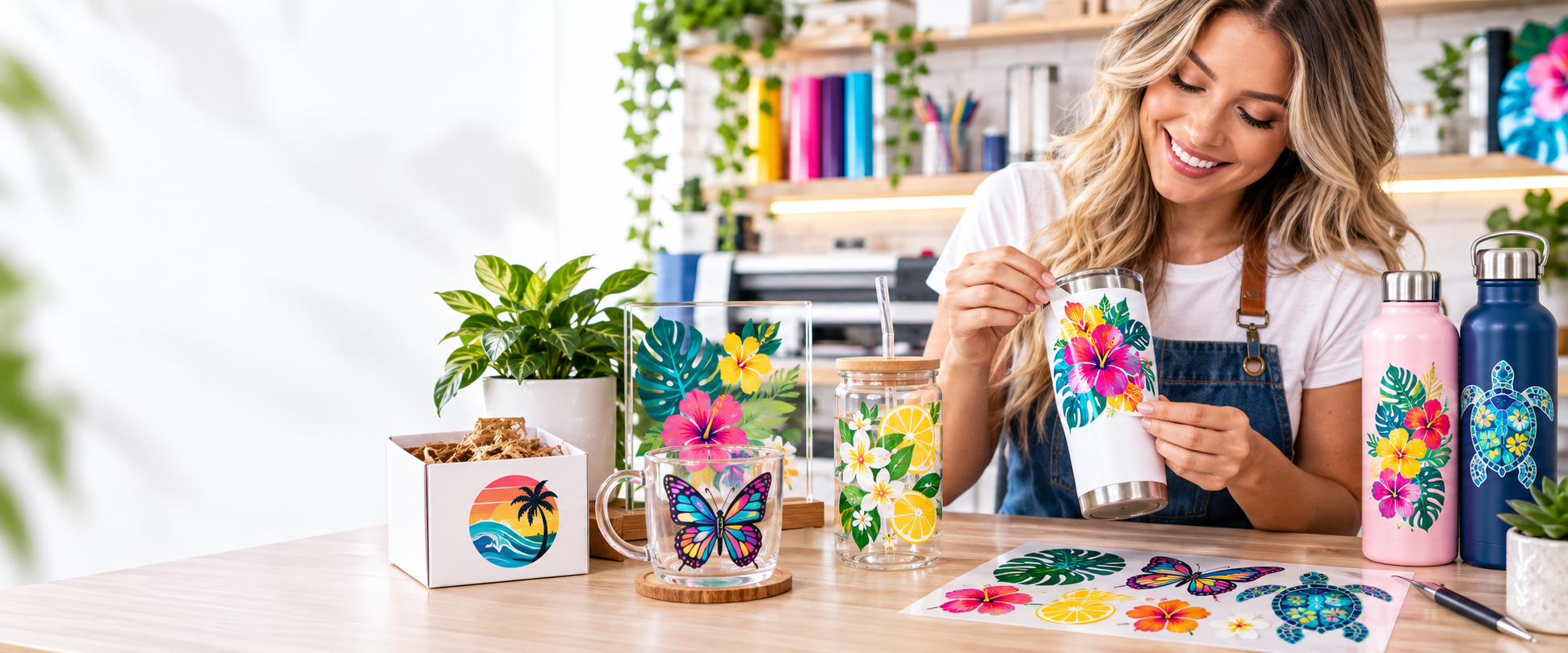 Colorful UV DTF decals on tumblers, glassware and bottles